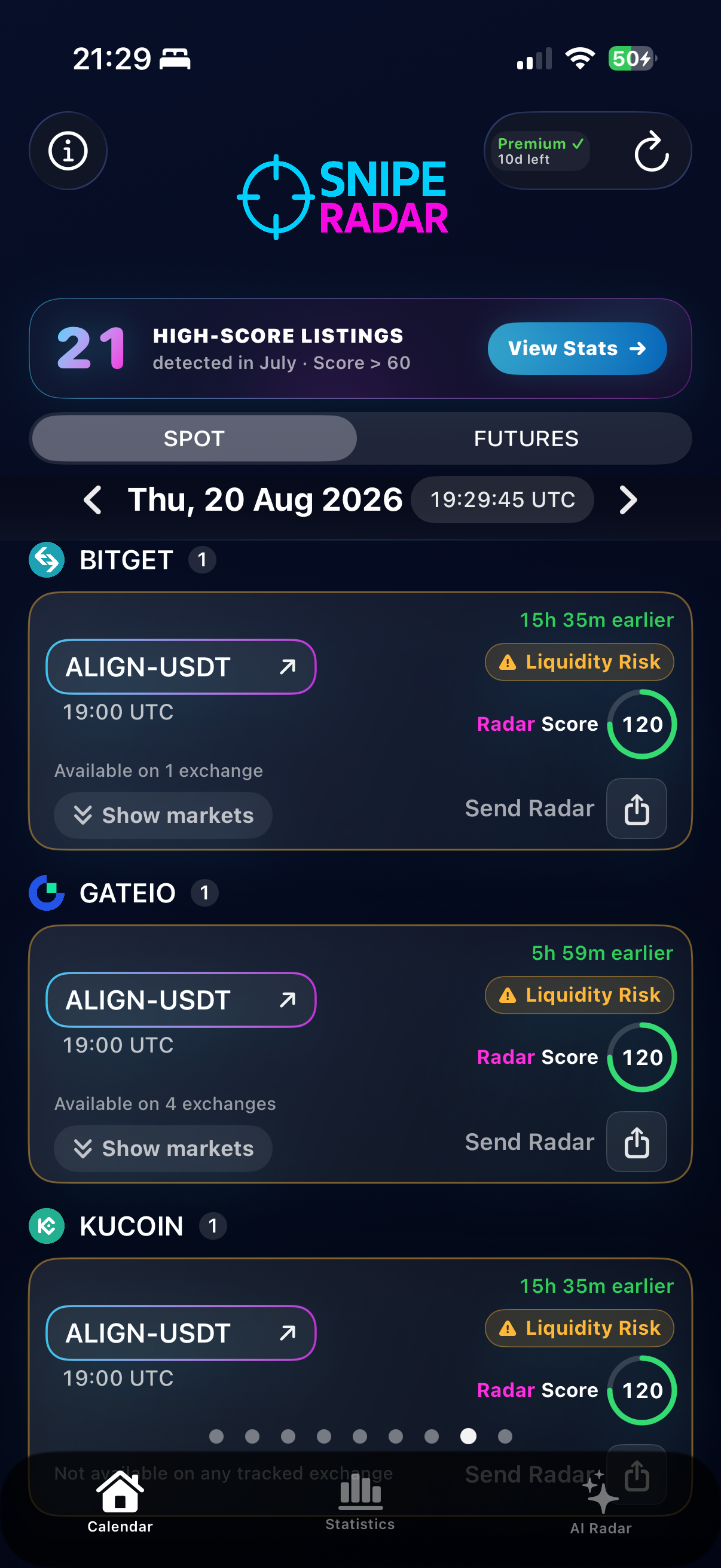 SnipeRadar app showing ALIGN-USDT with Radar Score 120 and Liquidity Risk on multiple exchanges