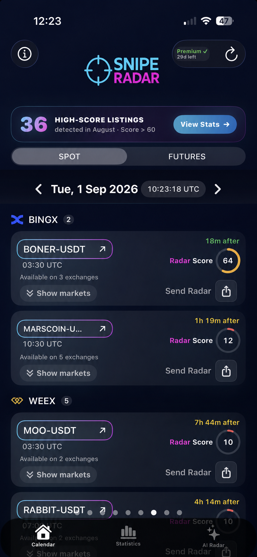 SnipeRadar calendar showing BingX BONER-USDT 18 minutes after listing with historical Radar Score 64