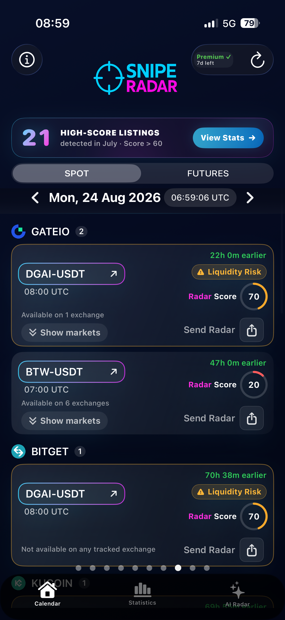 SnipeRadar app showing DGAI-USDT listings on Gate.io and Bitget with Radar Score 70 and Liquidity Risk