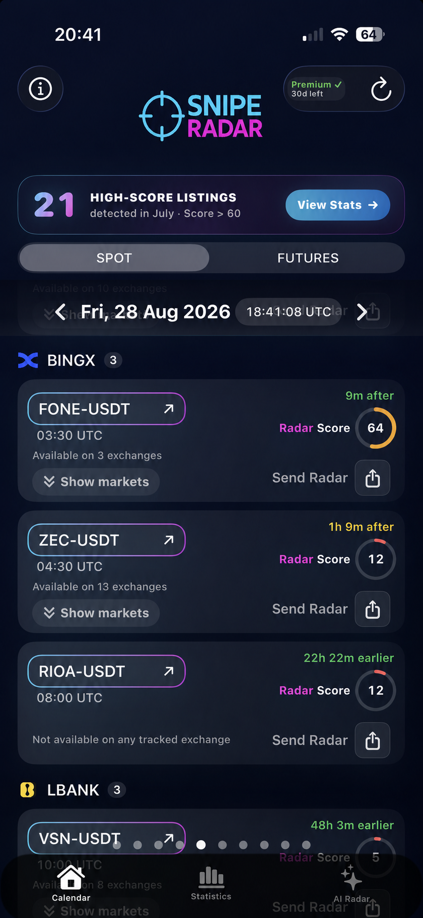 SnipeRadar calendar showing BingX FONE-USDT nine minutes after listing with historical Radar Score 64
