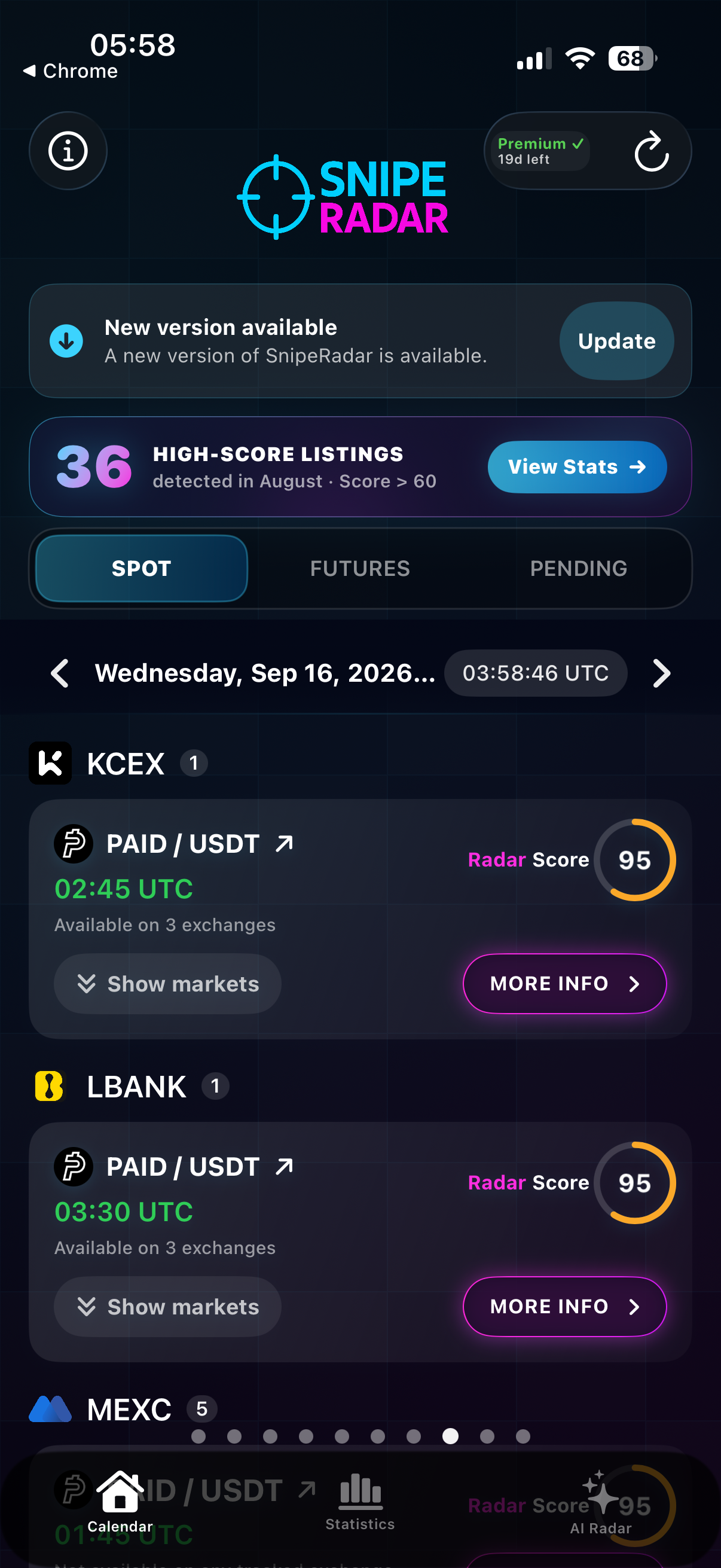 SnipeRadar app screen showing PAID USDT on KCEX, LBank and MEXC with Radar Score 95