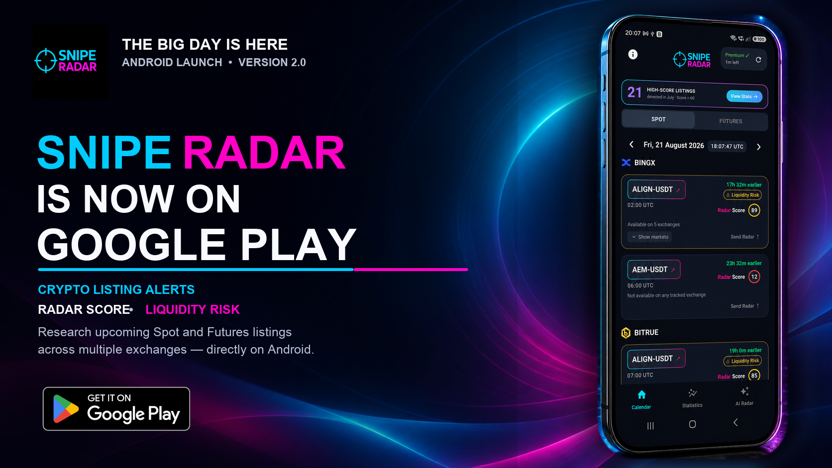 SnipeRadar Android launch announcement showing the app is now available on Google Play