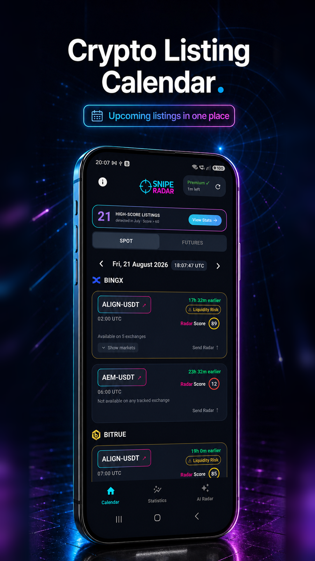 Official Google Play promotional screen showing the SnipeRadar crypto listing calendar on Android