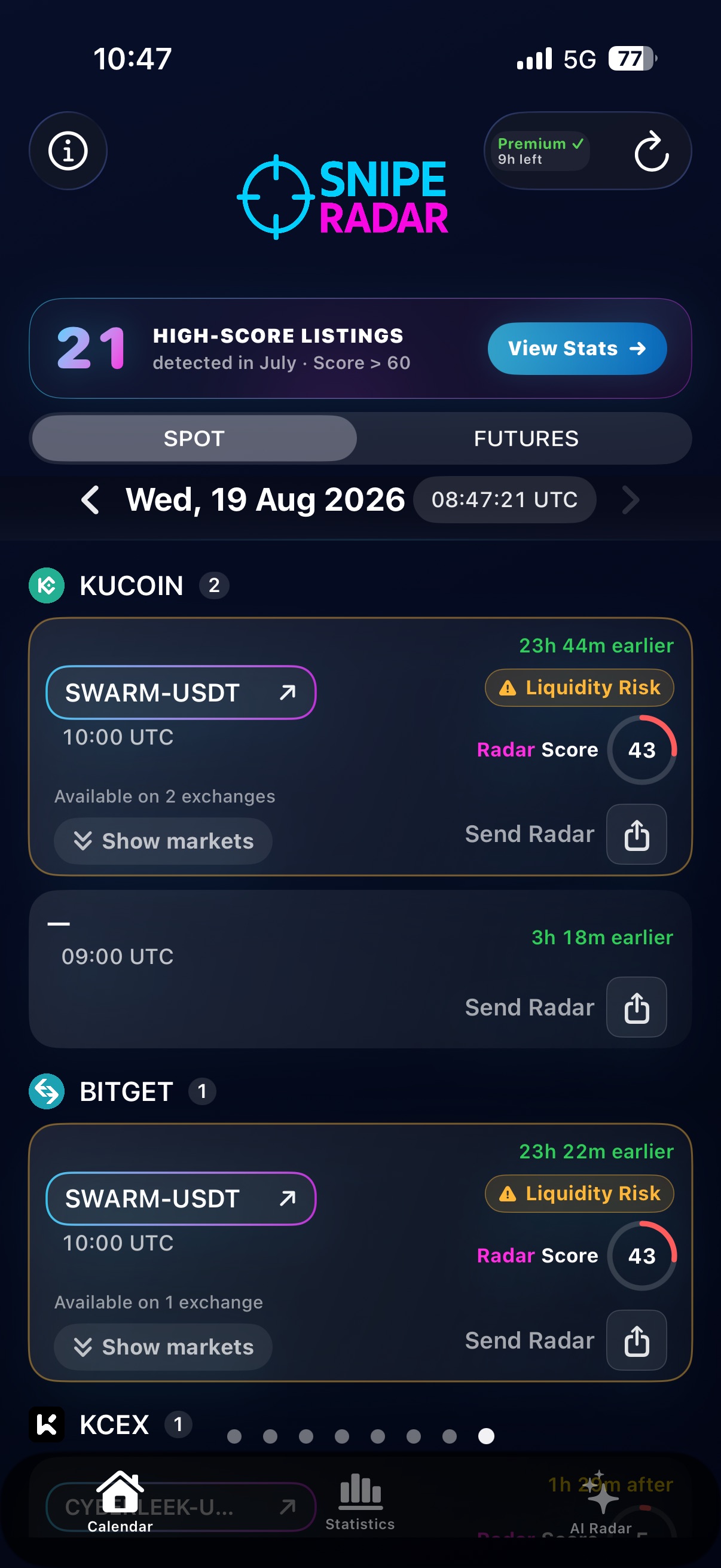 SnipeRadar app showing SWARM-USDT on KuCoin and Bitget with Radar Score 43 and Liquidity Risk