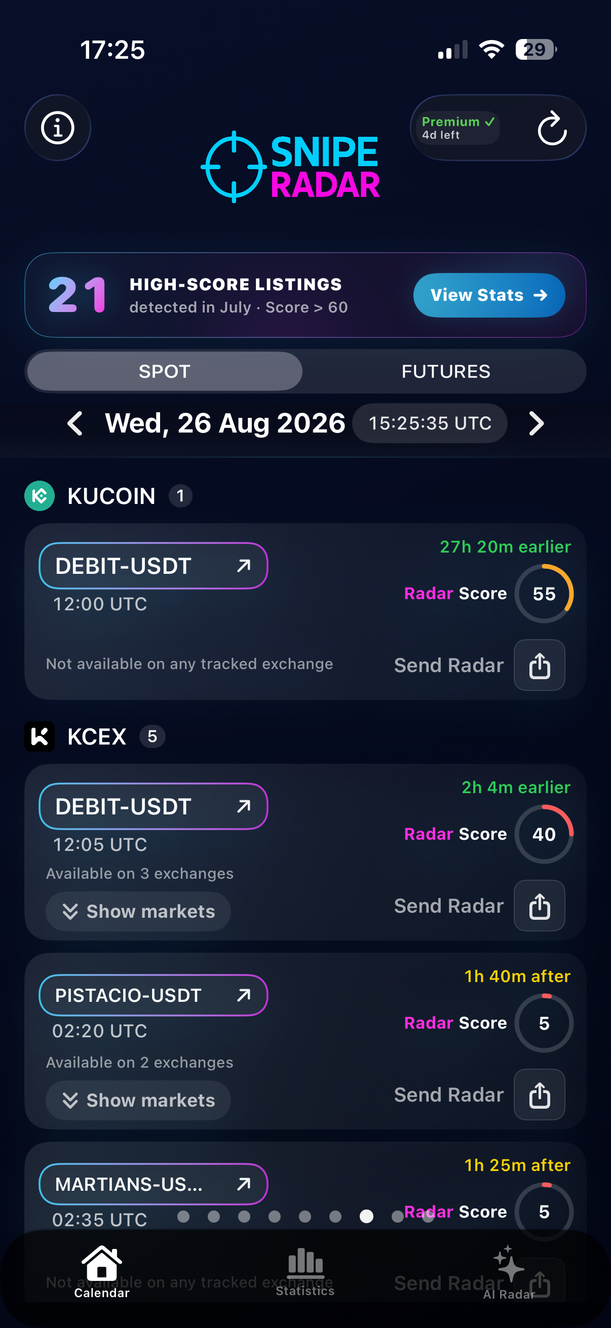 SnipeRadar app showing KuCoin DEBIT-USDT 27 hours and 20 minutes before trading with Radar Score 55